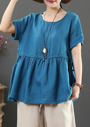 Unique o neck Cinched linen summer shirts Neckline blue blouses - bagstylebliss