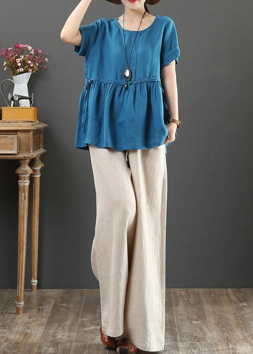 Unique o neck Cinched linen summer shirts Neckline blue blouses - bagstylebliss