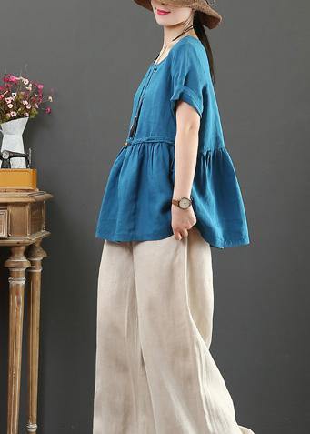 Unique o neck Cinched linen summer shirts Neckline blue blouses - bagstylebliss