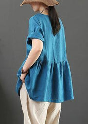 Unique o neck Cinched linen summer shirts Neckline blue blouses - bagstylebliss