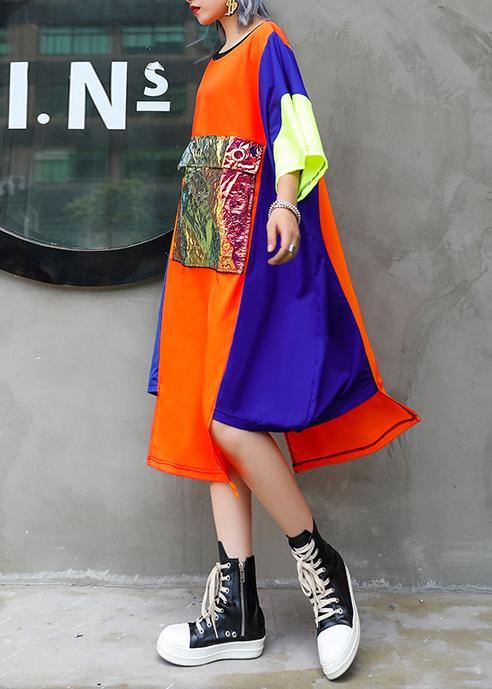 Unique orange blue patchwork chiffon For Women 2019 o neck asymmetric Maxi Summer Dress - bagstylebliss