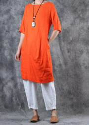 Unique orange linen tops women cotton o neck mid long tops - bagstylebliss