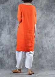 Unique orange linen tops women cotton o neck mid long tops - bagstylebliss