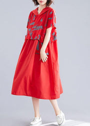 Unique patchwork cotton clothes Shape red hooded loose Dresses summer - bagstylebliss