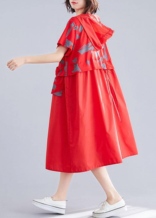 Unique patchwork cotton clothes Shape red hooded loose Dresses summer - bagstylebliss