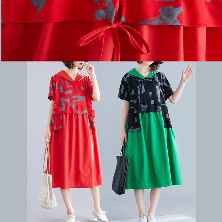 Unique patchwork cotton clothes Shape red hooded loose Dresses summer - bagstylebliss