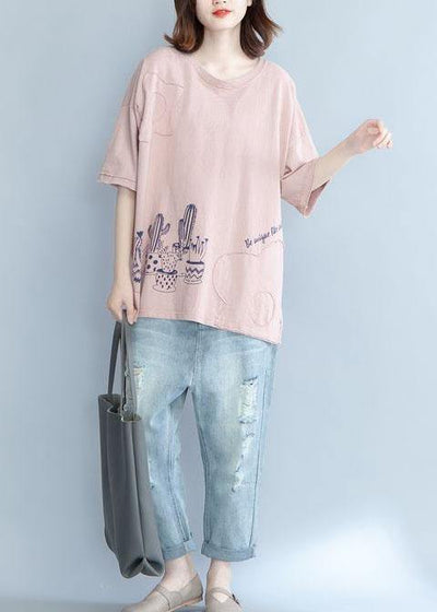 Unique pink prints cotton shirts women Appliques daily summer blouse - bagstylebliss