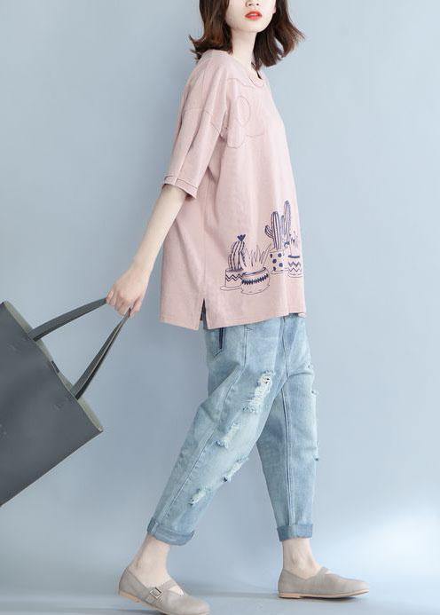 Unique pink prints cotton shirts women Appliques daily summer blouse - bagstylebliss