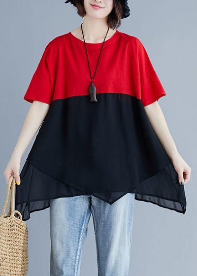 Unique red chiffon o neck patchwork silhouette summer blouse - bagstylebliss