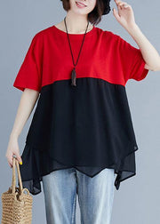 Unique red chiffon o neck patchwork silhouette summer blouse - bagstylebliss