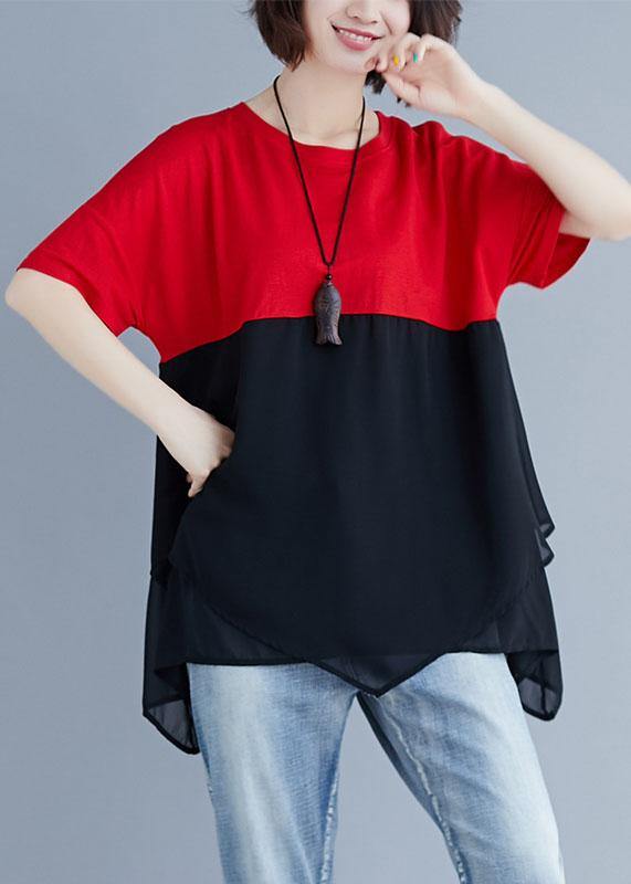 Unique red chiffon o neck patchwork silhouette summer blouse - bagstylebliss