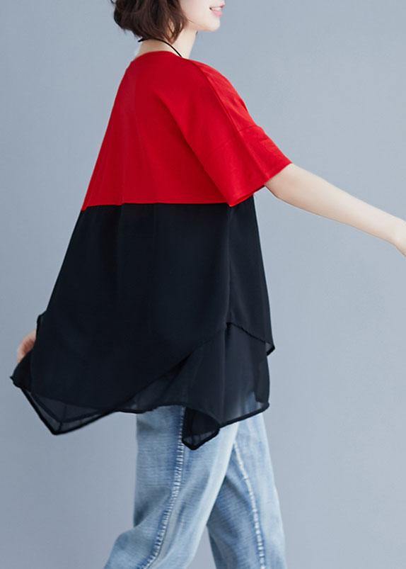 Unique red chiffon o neck patchwork silhouette summer blouse - bagstylebliss