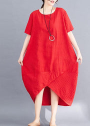 Unique red cotton Wardrobes asymmetric patchwork Maxi summer Dress - bagstylebliss