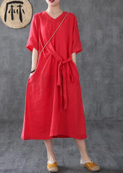 Unique red linen clothes v neck Maxi Dress - bagstylebliss