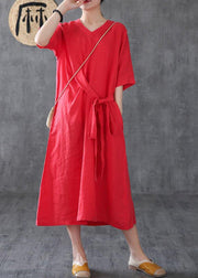 Unique red linen clothes v neck Maxi Dress - bagstylebliss