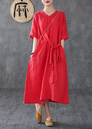 Unique red linen clothes v neck Maxi Dress - bagstylebliss