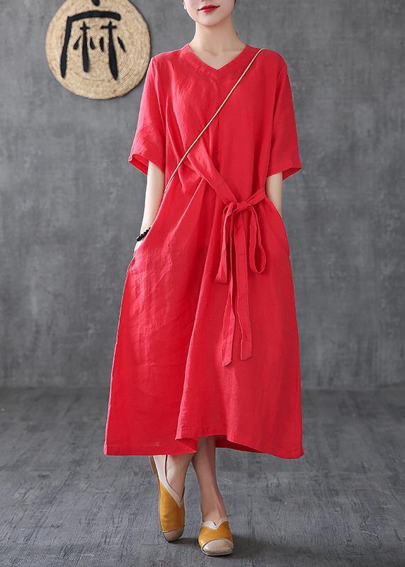 Unique red linen clothes v neck Maxi Dress - bagstylebliss