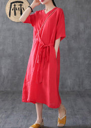 Unique red linen clothes v neck Maxi Dress - bagstylebliss