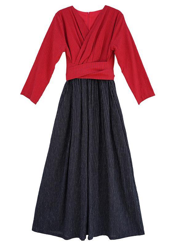 Unique red patchwork striped quilting clothes v neck large hem robes spring Dress - bagstylebliss