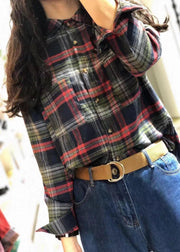 Unique red plaid cotton tunic top lapel collar silhouette autumn shirts - bagstylebliss