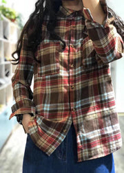 Unique red plaid cotton tunic top lapel collar silhouette autumn shirts - bagstylebliss