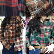 Unique red plaid cotton tunic top lapel collar silhouette autumn shirts - bagstylebliss