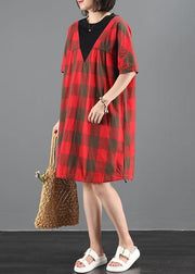 Unique red plaid tunic dresso neck patchwork A Line summer Dresses - bagstylebliss