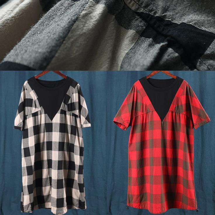 Unique red plaid tunic dresso neck patchwork A Line summer Dresses - bagstylebliss