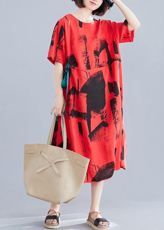 Unique red print cotton clothes Women o neck patchwork Traveling summer Dresses - bagstylebliss