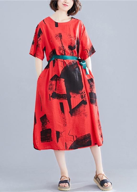 Unique red print cotton clothes Women o neck patchwork Traveling summer Dresses - bagstylebliss