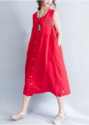 Unique red sleeveless linen quilting dresses patchwork Love summer Dresses - bagstylebliss