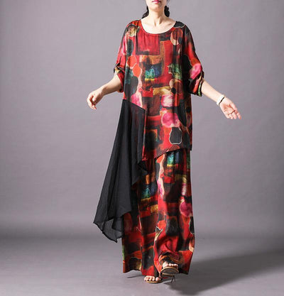 Unique silk clothes Omychic Print Spliced Irregular Blouse And Wide Leg Pants - bagstylebliss