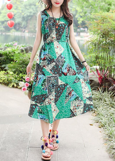 Unique sleeveless tie waist cotton quilting clothes Fashion Ideas green print long Dresses summer - bagstylebliss