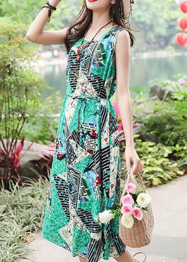 Unique sleeveless tie waist cotton quilting clothes Fashion Ideas green print long Dresses summer - bagstylebliss