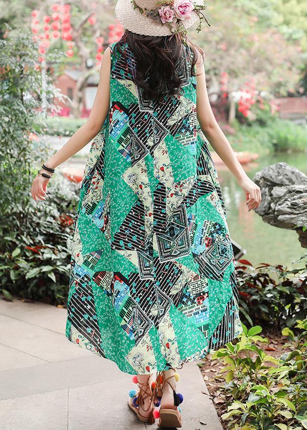 Unique sleeveless tie waist cotton quilting clothes Fashion Ideas green print long Dresses summer - bagstylebliss