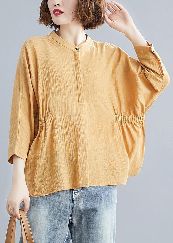 Unique stand collar Batwing Sleeve cotton tunics for women Shirts yellow blouse - bagstylebliss