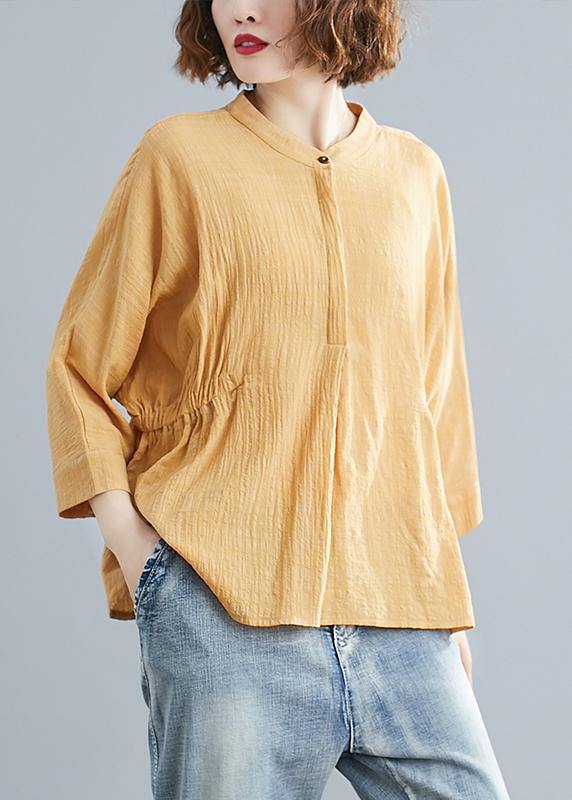 Unique stand collar Batwing Sleeve cotton tunics for women Shirts yellow blouse - bagstylebliss