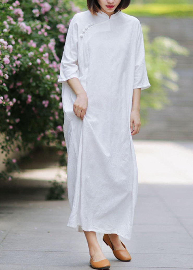 Unique stand collar half sleeve linen summerLong Shirts Tunic dress white Dress - bagstylebliss