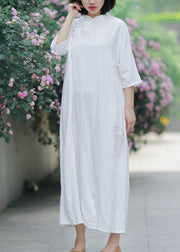 Unique stand collar half sleeve linen summerLong Shirts Tunic dress white Dress - bagstylebliss