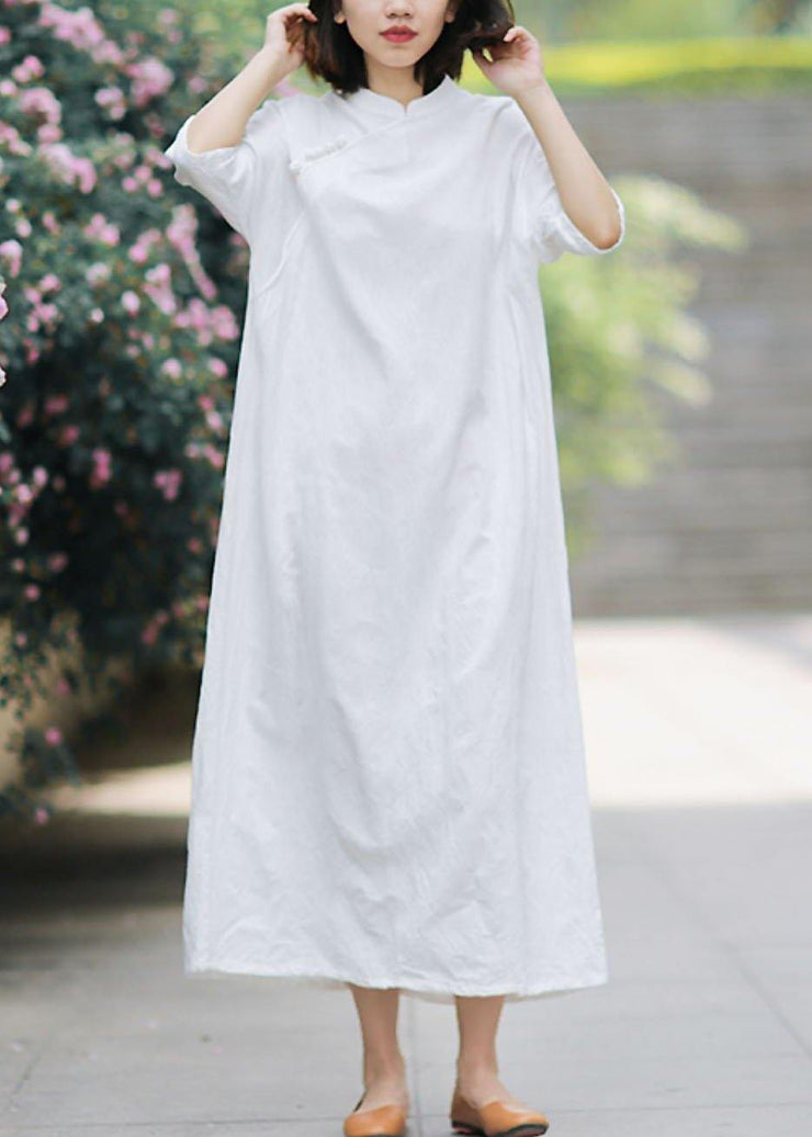 Unique stand collar half sleeve linen summerLong Shirts Tunic dress white Dress - bagstylebliss