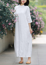 Unique stand collar half sleeve linen summerLong Shirts Tunic dress white Dress - bagstylebliss