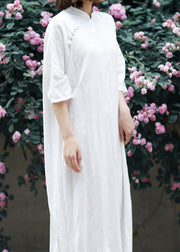 Unique stand collar half sleeve linen summerLong Shirts Tunic dress white Dress - bagstylebliss