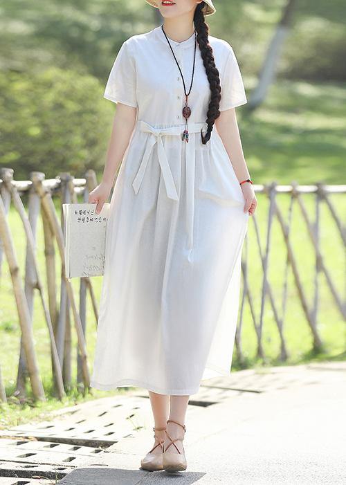 Unique stand collar linen cotton dress Sewing white Traveling Dress summer - bagstylebliss