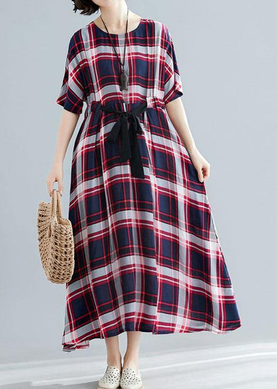 Unique tie waist cotton clothes For Women Shape red plaid cotton Dresses summer - bagstylebliss