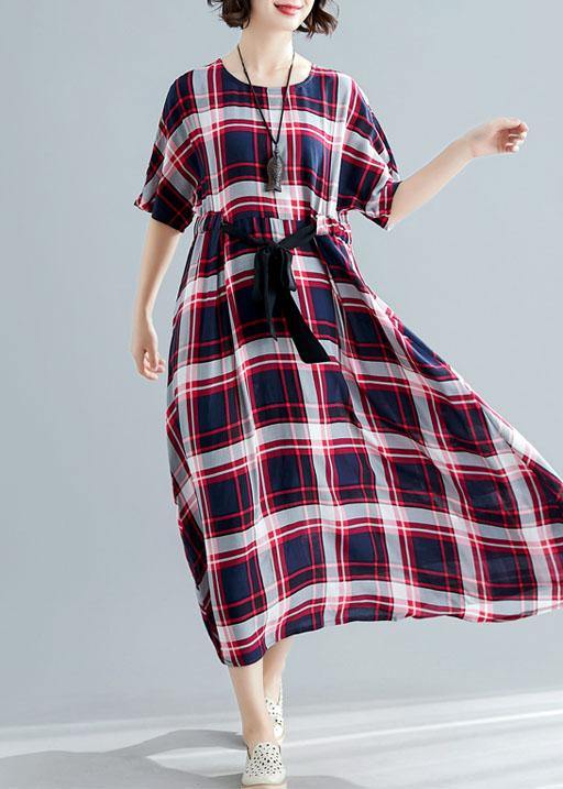 Unique tie waist cotton clothes For Women Shape red plaid cotton Dresses summer - bagstylebliss