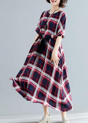 Unique tie waist cotton clothes For Women Shape red plaid cotton Dresses summer - bagstylebliss