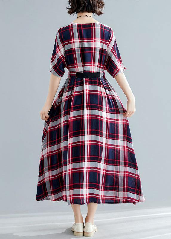 Unique tie waist cotton clothes For Women Shape red plaid cotton Dresses summer - bagstylebliss