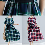 Unique tie waist cotton clothes For Women Shape red plaid cotton Dresses summer - bagstylebliss