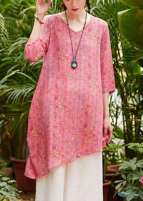 Unique v neck asymmetric linen Long Shirts Work pink print Dresses summer - bagstylebliss