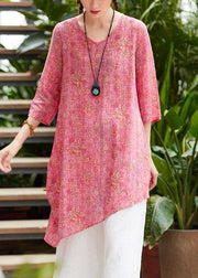 Unique v neck asymmetric linen Long Shirts Work pink print Dresses summer - bagstylebliss